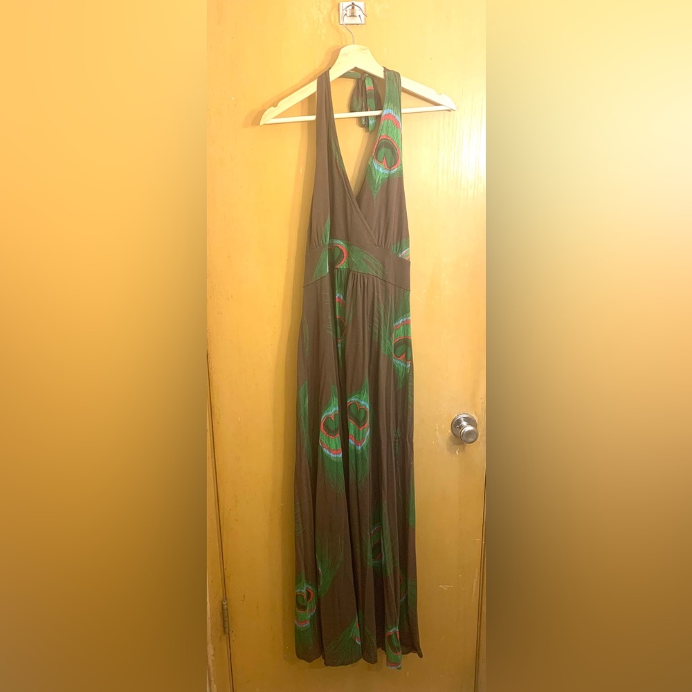 Brown peacock print knit halter dress